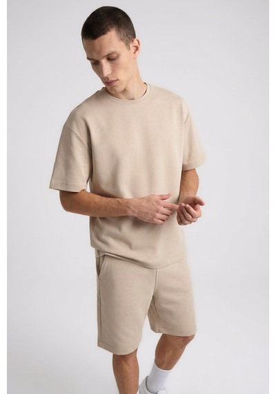 Bej Oversize Fit Basic Erkek Şort Takım - 85292