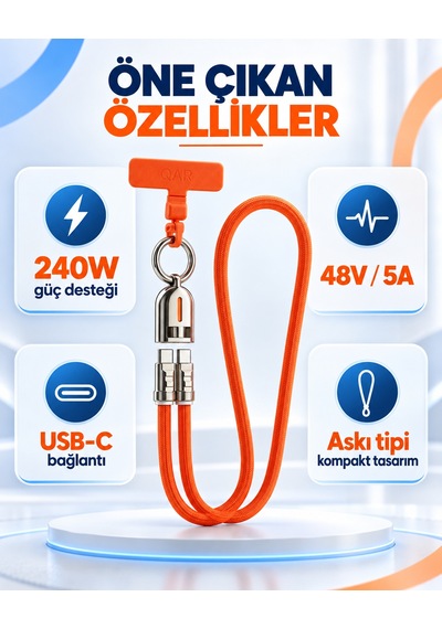 Qar Usb-c To Usb-c Askılı Şarj Ve Data Kablosu 240w 48v 5a Hızlı Şarj Örgülü Boyun Askılı Telefon Askı Aparatlı Turuncu