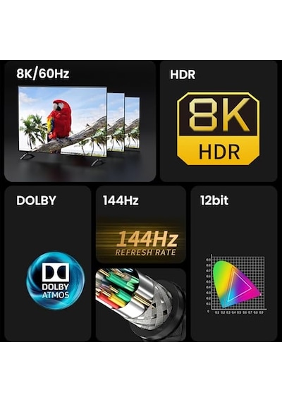 Premium 8k 60hz 4k 120hz Hdcp Arc Hdr Örgülü Hdmı 2.1 Kablo 3 Metre Diğer