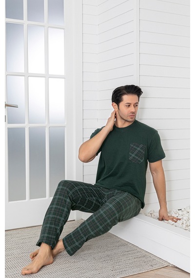 Sude Homewear Erkek Ekoseli Cepli Kısa Kollu Pijama Takımı Haki