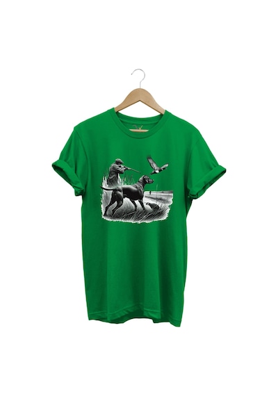 Avcılık Temalı Kuş Avı Ve Av Köpeği Baskılı %100 Pamuk Regular Fit Yeşil T-shirt Yeşil