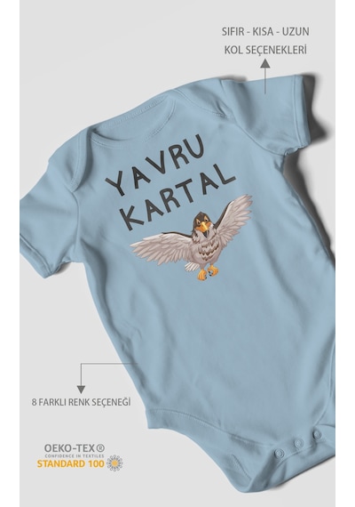 Yavru Kartal Baskılı Bebek Zıbını Çıtçıtlı Body %100 Pamuk Kısa Kol Bebe Mavisi