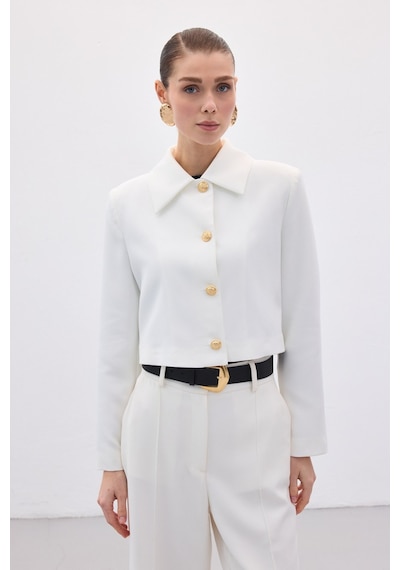 Sateen Düğmeli Kısa Ceket - Ekru-136591 Ekru