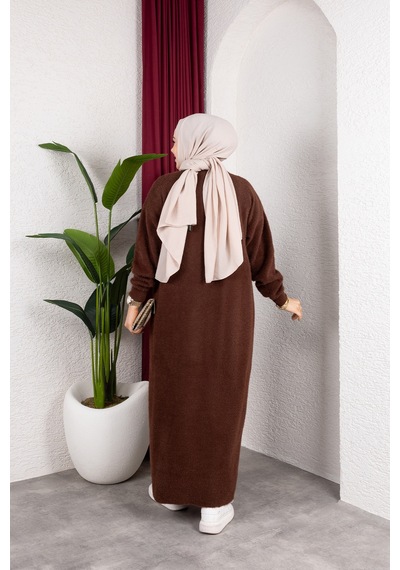 Hira Life Fashion Kadın Şal Yaka Uzun Triko Ve Sakallı Tüylü Hırka Kahverengi Kahverengi