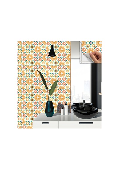 Tink KENDİNDEN YAPIŞKANLI TURUNCU ÇİÇEK BAHÇESİ DESENLİ PVC KARO 30X3