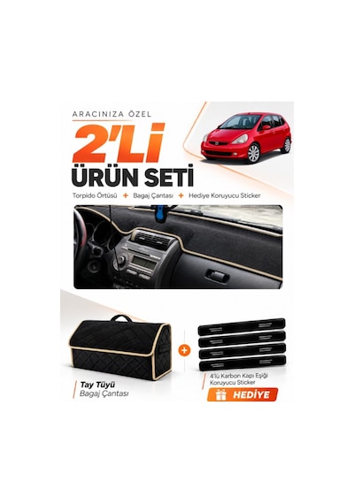 Honda Jazz 2002-2008 Uyumlu Torpido Örtüsü + Tay Tüyü Bagaj Çantası + Sticker Seti - Siyah Bej
