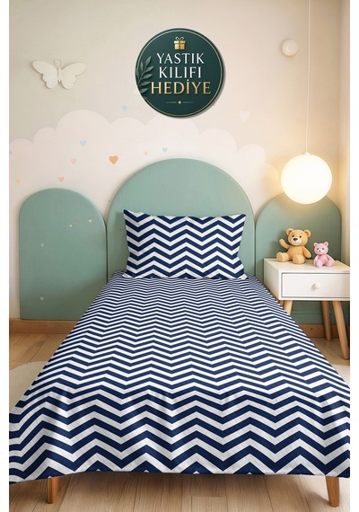 Mavi Zigzag Geometrik Genç Odası Tek Kişilik Pike Takımı - Lacivert 160x220 Cm Kapitone Yatak Örtüsü Gölge Yün Hissi
