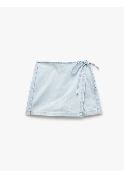 Koton Pamuklu Bağlama Detaylı Mini Denim Şort Etek Bleach 5sal40010md Açık Mavi