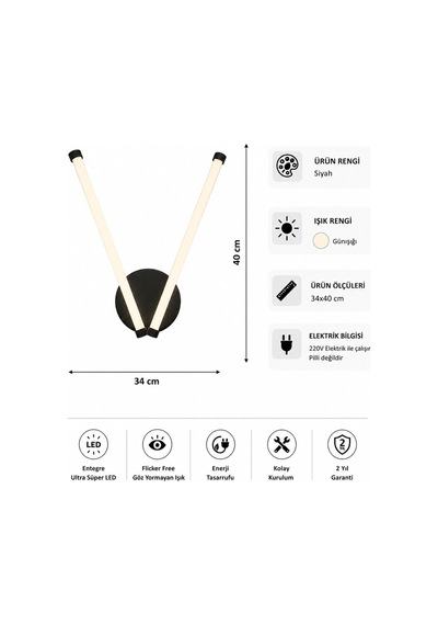 Vasko Modern Led Duvar Apliği Günışığı Siyah