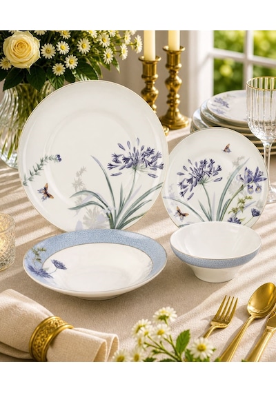 24 Parça 6 Kişilik Porselen Lavender Flutter Yemek Takımı-5920 Çok Renkli