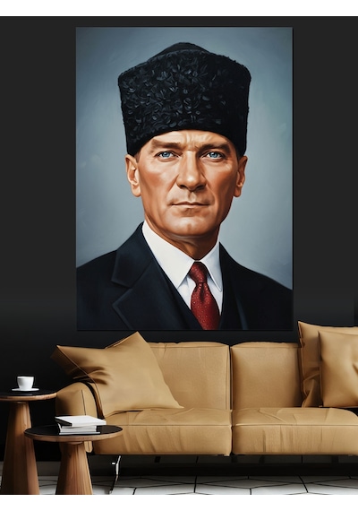 Kalpak Şapkalı Mustafa Kemal Atatürk Portresi Dekoratif Kanvas - Mdf Ahşap Tablo