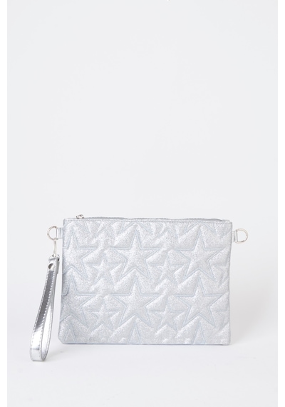 Vivaq Kadın Gümüş Simli Yıldız Nakışlı Suni Deri Bilek Ve Zincir Askılı Portföy El Ve Clutch Çanta