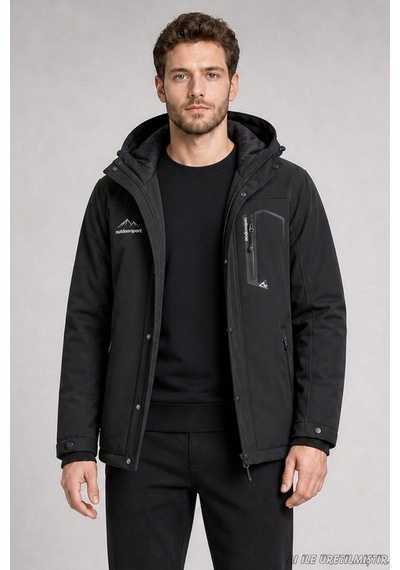 Freemen Erkek Kapüşonlu İçi Kürklü Su Ve Rüzgar Geçirmez Outdoor Softshell Mont-414 Siyah