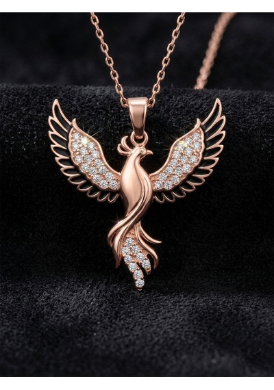 925 Ayar Gümüş Zümrüdüanka Kuşu Kolye - Rose Gold Kaplama Siyah Mineli Kadın Kolye Rzn10370 Gümüş
