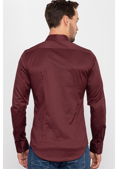 Tudors Slim Fit Dar Kesim Likralı Düz Saten Erkek Gömlek-19933 Bordo