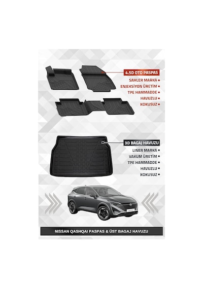 Sahler Qashqai 2022+ Benzinli Uyumlu 4.5d Premium Havuzlu Oto Paspas Ve Liner Marka 3d Ust Bagaj Havuzu