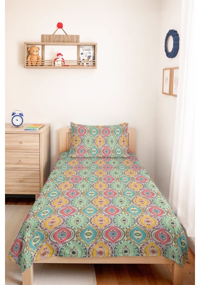 Bohem Etnik Mint Genç Odası Tek Kişilik Pike Takımı - Geometrik Sarı 160x220 Cm Yatak Örtüsü Bulanık Sis Pususu