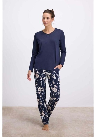 Modenya Çiçek Desenli Uzun Kollu T-shirt Ve Pantolon Pijama Takımı Lacivert
