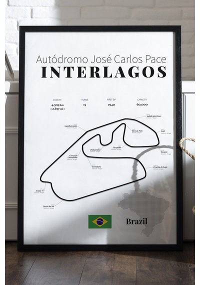 Interlagos Formula 1 Siyah Ahşap Çerçeveli Poster, Dekoratif Harita Duvar Tablosu