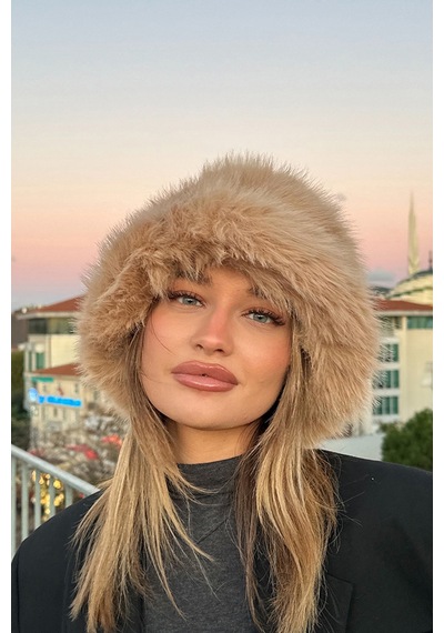Mollycrush Luxury Kadın Camel Uzun Tüylü Suni Kürklü Peluş Rus Slav Tarzı Bucket Kalpak Şapka Camel