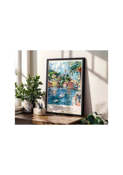 Portofino Italy Travel Poster Ahşap Çerçeveli Dekoratif Duvar Tablosu Siyah