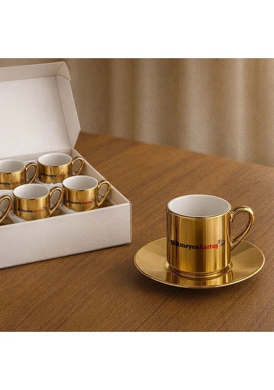 Firmalara Özel Logolu Porselen Metalik Altın Kahve Fincanı 6lı Set, Promosyon Fincan, Logolu Kurumsal Hediye Kobitmeyencom36510 Bk Gift Renkli