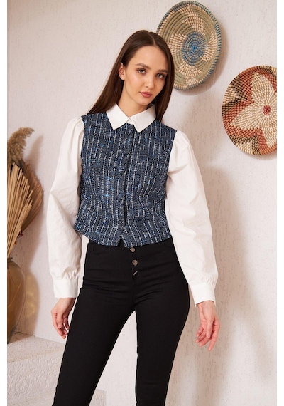 Darlin Moda Mavi Tüvit Garnili Uzun Kollu Gömlek Dm9001 Mavi
