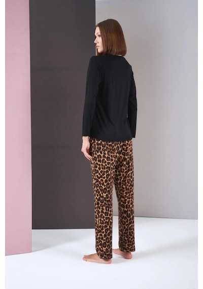 Pjs 26004 Kadın Uzun Kol Leopar Desenli Pijama Takım Siyah