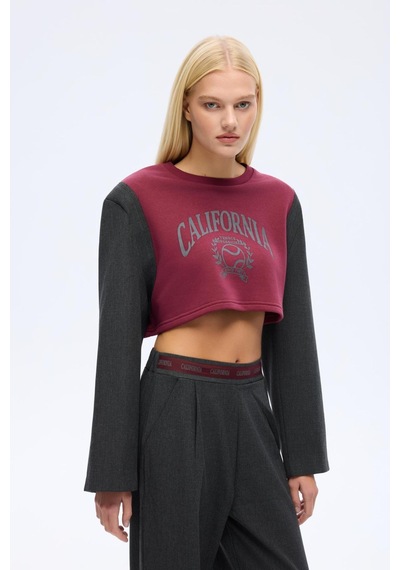 Quzu 00752 Kadın Önü Baskılı Vatkalı Sweatshirt Bordo