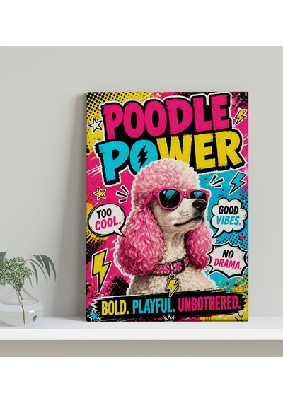 Bk Gift Poodle Power Yazılı Pembe Saçlı Güneş Gözlüklü Kaniş Pop Art Renkli Kanvas Duvar Tablosu 50x70 Cm