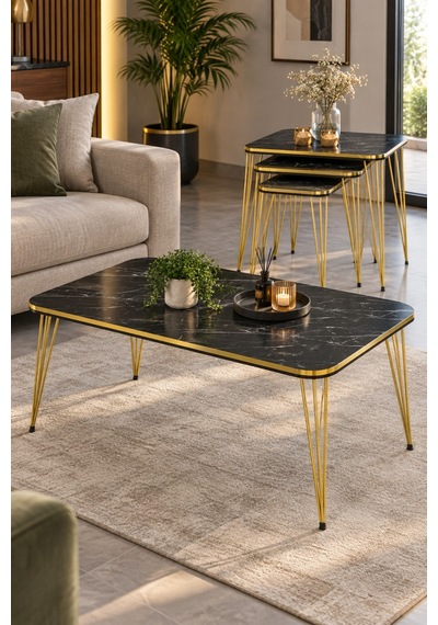 Sulorahome Siyah Ve Gold Metal Ayaklı 4'lü Sehpa Seti Altın - Siyah