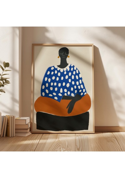 Modern Afrikalı Kadın Duvar Sanatı Baskısı Minimalist Portre İllüstrasyon Cesur Mavi Ve Turuncu Soyut Figür Çağdaş Dekorasyon