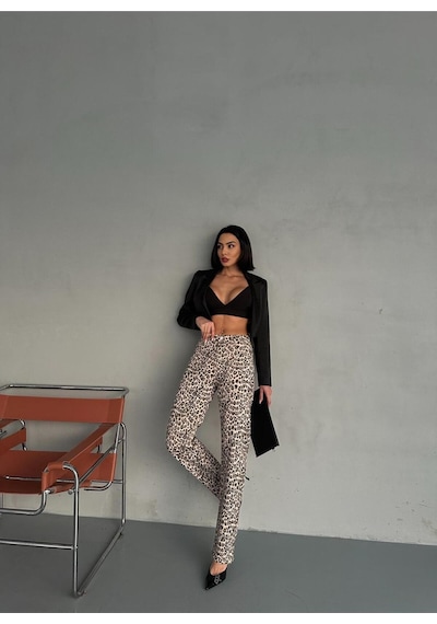 Leopar Desenli Straıght Boru Paça Likralı Pantolon Bej