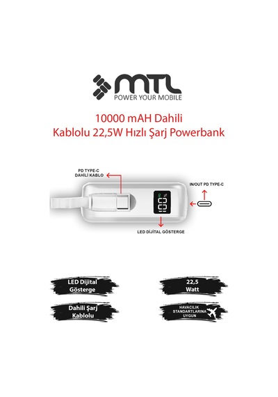 10000 Mah 22.5w Süper Hızlı Dahili Type-c Kablolu Dijital Göstergeli Hızlı Şarj Powerbank Mt4540 Beyaz