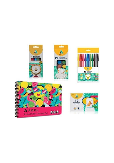 4 Lü Boyama Seti + Resim Defteri 25x35, 12 Renk, Keçeli Kalem, Kuru,pastel Ve Sulu Boya, Fırça Dahil