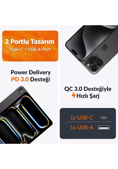 Juo 20W GaN USB-C + USB-A Şarj Aleti iPhone & Apple Uyumlu iPad  & Android PD QC4.0 Type-C Hızlı Şarj Cihazı Siyah