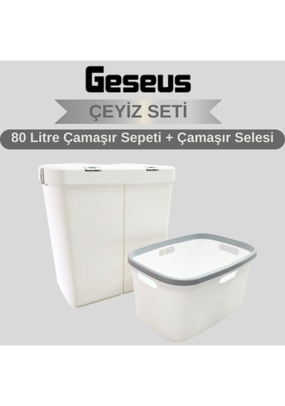 Gümüş Ikili Dokunmatik 80 Lt Çamaşır Sepeti+çamaşır Selesi Çeyiz Seti-mt09 Beyaz - Gri