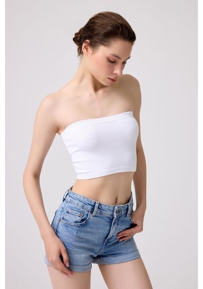 Cottonhill Premium - Kadın Beyaz Seamless Straplez Crop Top Büstiyer Beyaz