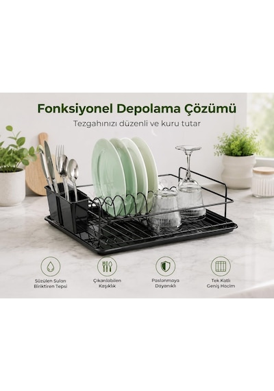 Ayrex Ömür Boyu Paslanmaz Siyah Bulaşıklık Bulaşık Süzgeci Tek Katlı Tabaklık Termo Plastik Kaplama Diğer
