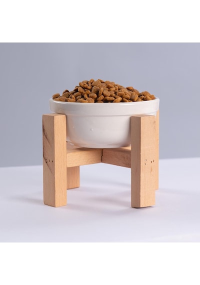 Beyaz Ahşap Standlı Seramik Mama/ Su Kabı Kedi Köpek Mama Su Kabı