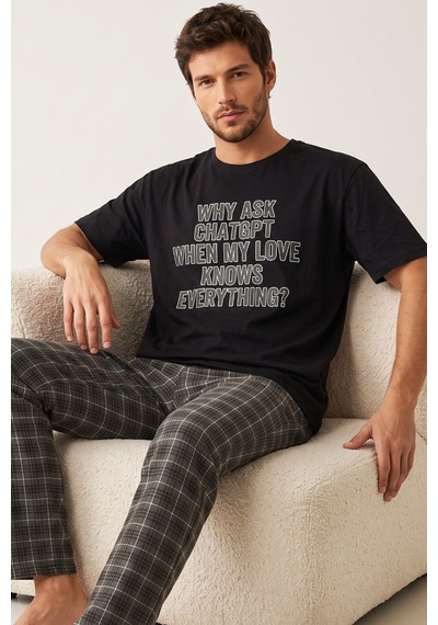 Siyah İnci Desenli Baskılı Örme Kısa Kollu Pijama Takım 8004 Sıyah Chat Baskılı