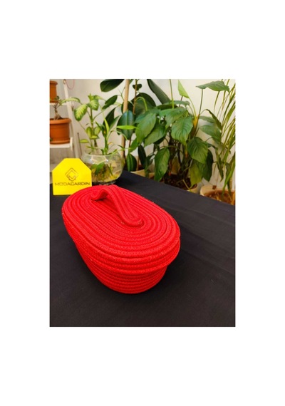 Hasır Jüt Sepet Oval Kapaklı Organizer Düzenleyici 30x20x10 Cm Koyu Kırmızı Koyu Kırmızı