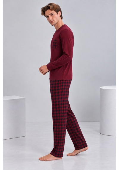 Pijamask Erkek Bordo Ekose Pantolonlu Cepli Uzun Kollu Pamuklu Pijama Takımı Bordo