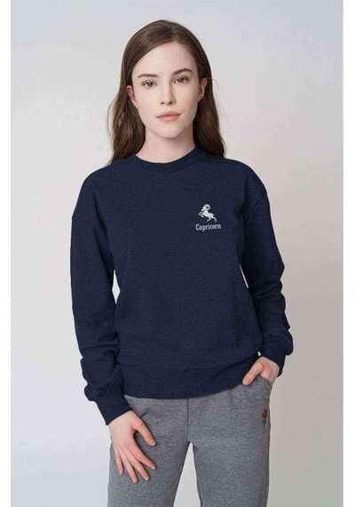 Koç Burcu Baskılı Indigo Mavi Kadın Sweatshirt