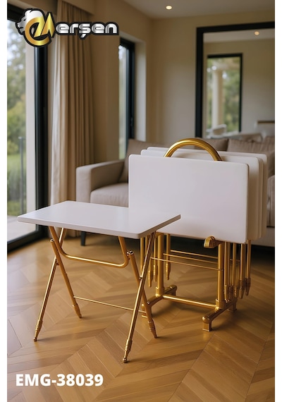 Eranş Serisi 4'lü Katlanır Mdf Mebran Ahşap Çanta Zigon Sehpa Gold Ayak Beyaz Desen Gold Ayak