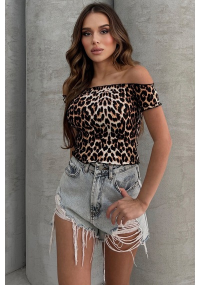 Lesa Wear Leopar Desenli Soft Touch Kayıkçı Yaka Basic Crop Bluz LEOPAR