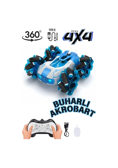 Uzaktan Kumandalı Şarjlı Buharlı Akrobat Araba 360 Derece Dönen Işıklı Müzikli 4x4 Drift Mavi