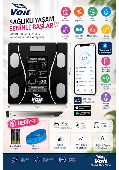 Voit Blt5000 Bluetooth Baskül - Dijital Akıllı Tartı - Yağ Ölçer Tartı - Pil Ve Mezura Hediyeli Tartı - Siyah