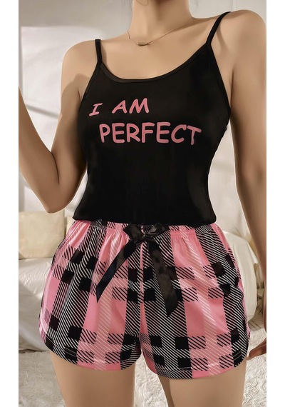 Kadın Siyah Kare Desenli Askılı Şortlu Pijama Takım 5012 Siyah