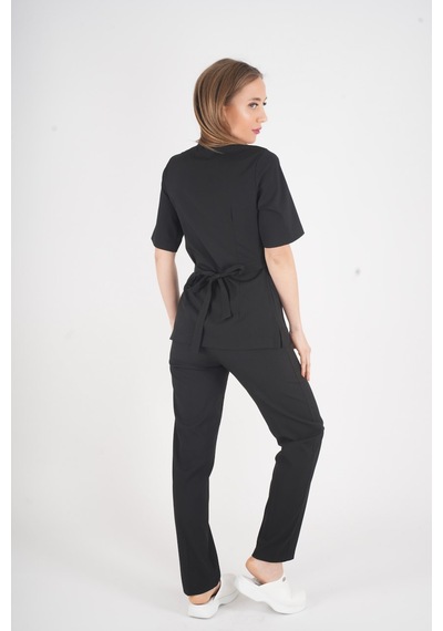 Siyah Elegant Model Cerrahi Üniforma Belden Bağlamalı Scrubs Takım Siyah